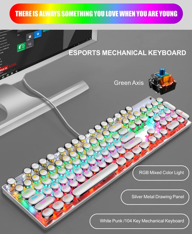 YSCP Typewriter Style Mechanical Gaming Keyboard LED Backlit Wired with Blue Switch Retro Round Keycap 104 Keys Keyboard (White 104 Keys LED) - Image 2